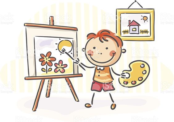 Preschool child painting a picture of flowers and sun on a easel