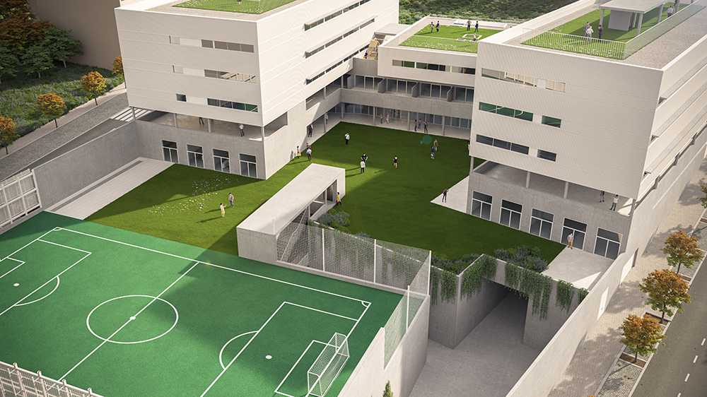 Aerial view of Colégio Novo de Gaia school campus, showing modern buildings, green spaces, and a soccer field.