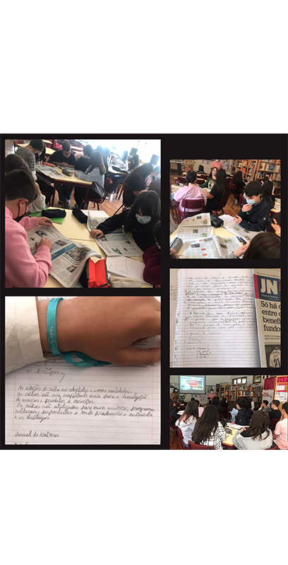Students in a classroom setting, actively participating in educational activities such as reading newspapers and writing in notebooks.