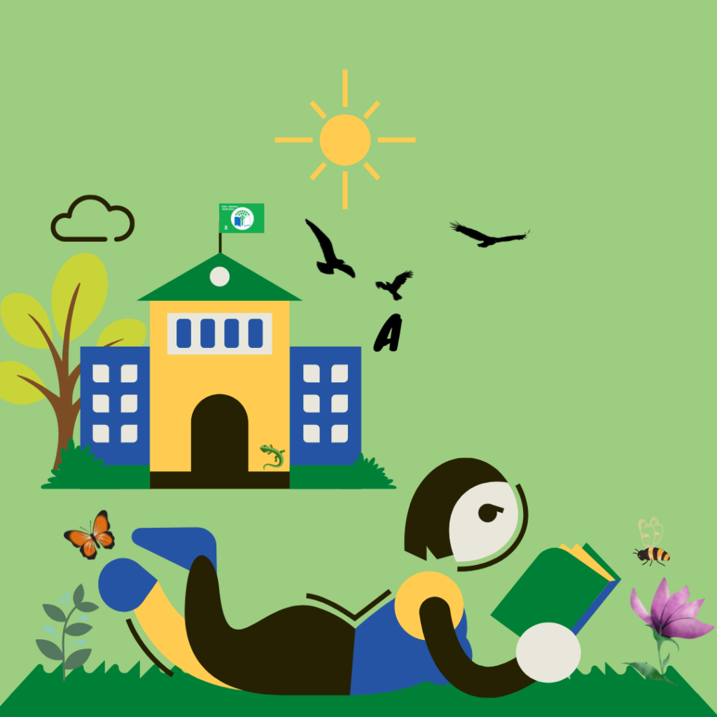 Illustration of a school building with a student reading a book outdoors