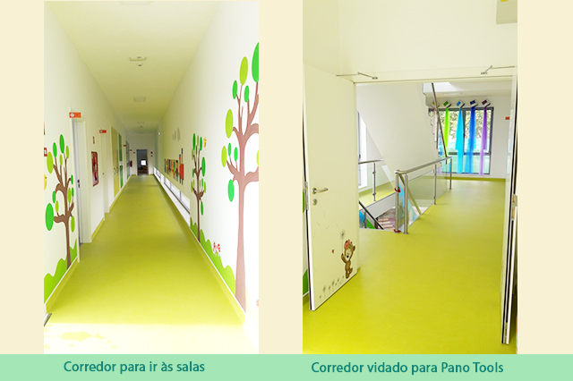 Bright and colorful hallways in Casa Nossa Senhora de Fátima preschool. The walls are decorated with cheerful drawings of trees and animals, creating a welcoming atmosphere for children.