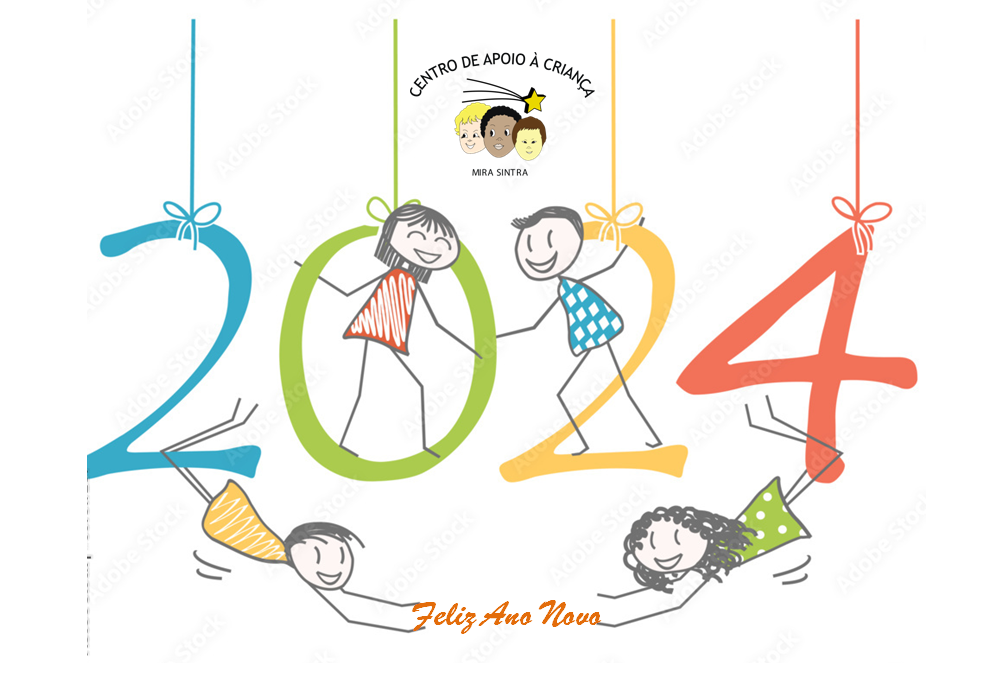 Happy New Year 2024 image with children playing around the numbers.  C.A.C. - Centro de Apoio à Criança logo is visible.