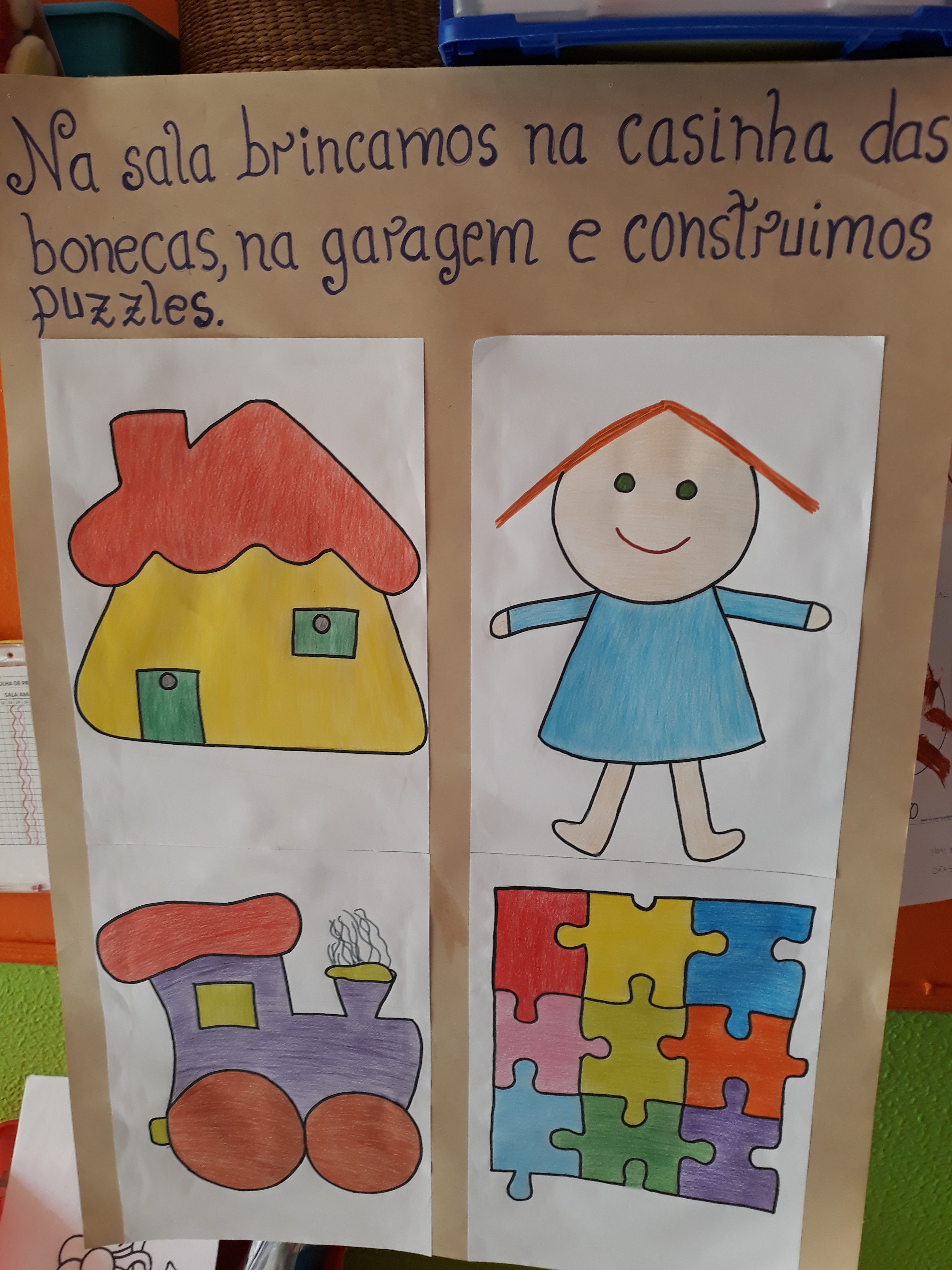Preschool children's drawings of a house, a girl, a train, and a puzzle.
