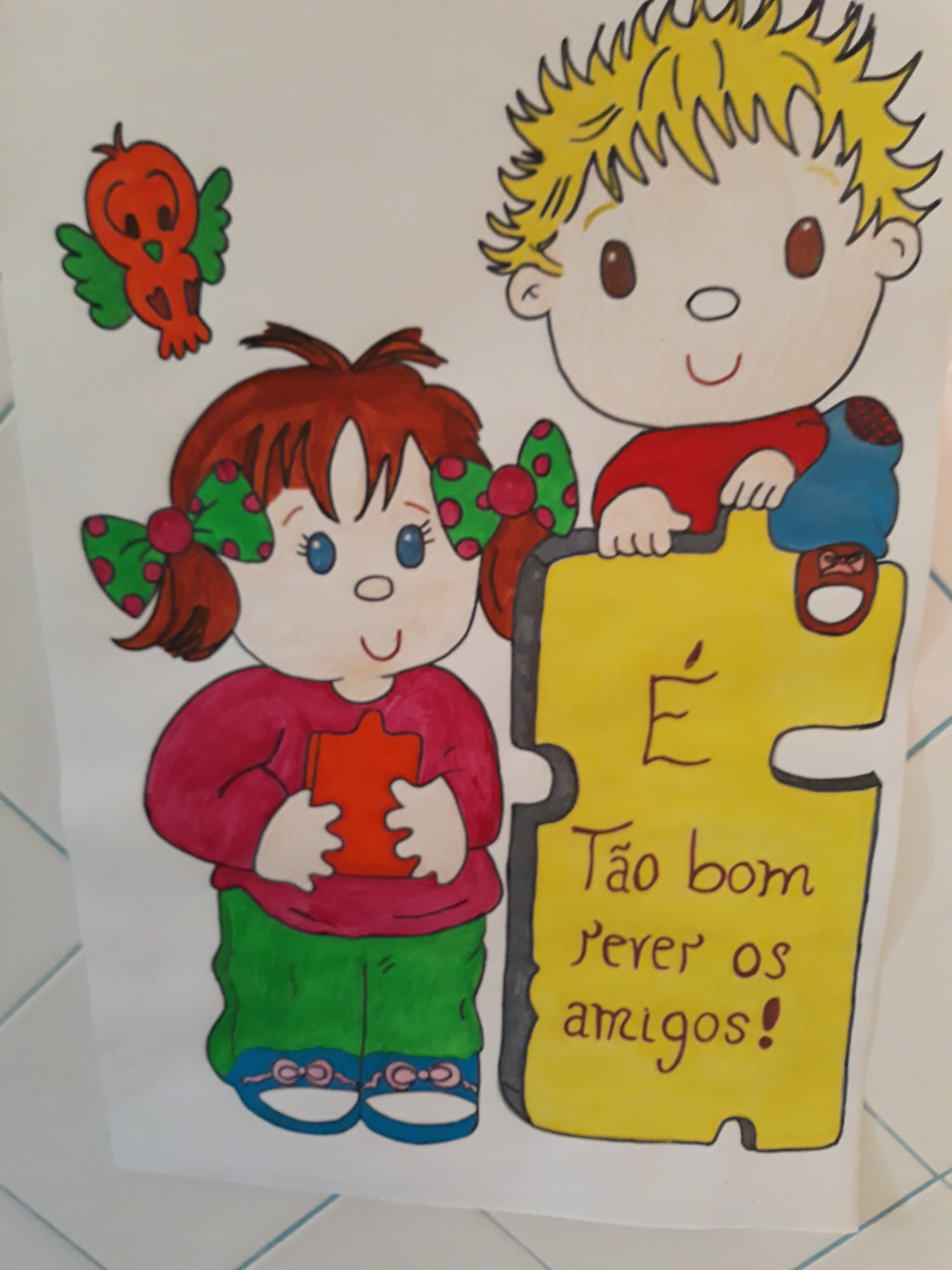 Drawing of children holding puzzle pieces, with text that says 'It's so good to see friends!'