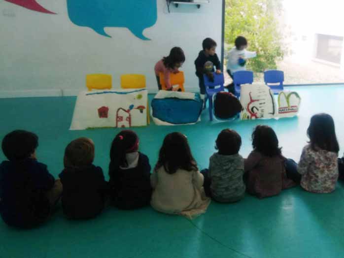 Preschool children sitting on the floor, engaged in a classroom activity with handmade houses and a blue lake.  Escola Pequeno Cidadão.