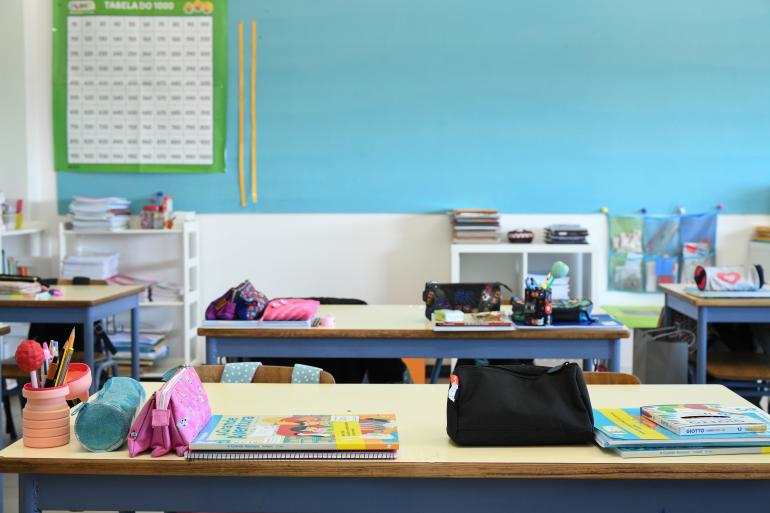 Empty classroom desks with school supplies
