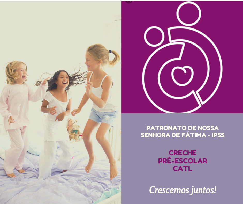 Three girls joyfully jumping on a bed, symbolizing the playful and happy environment at Patronato de Nossa Senhora de Fátima preschool.