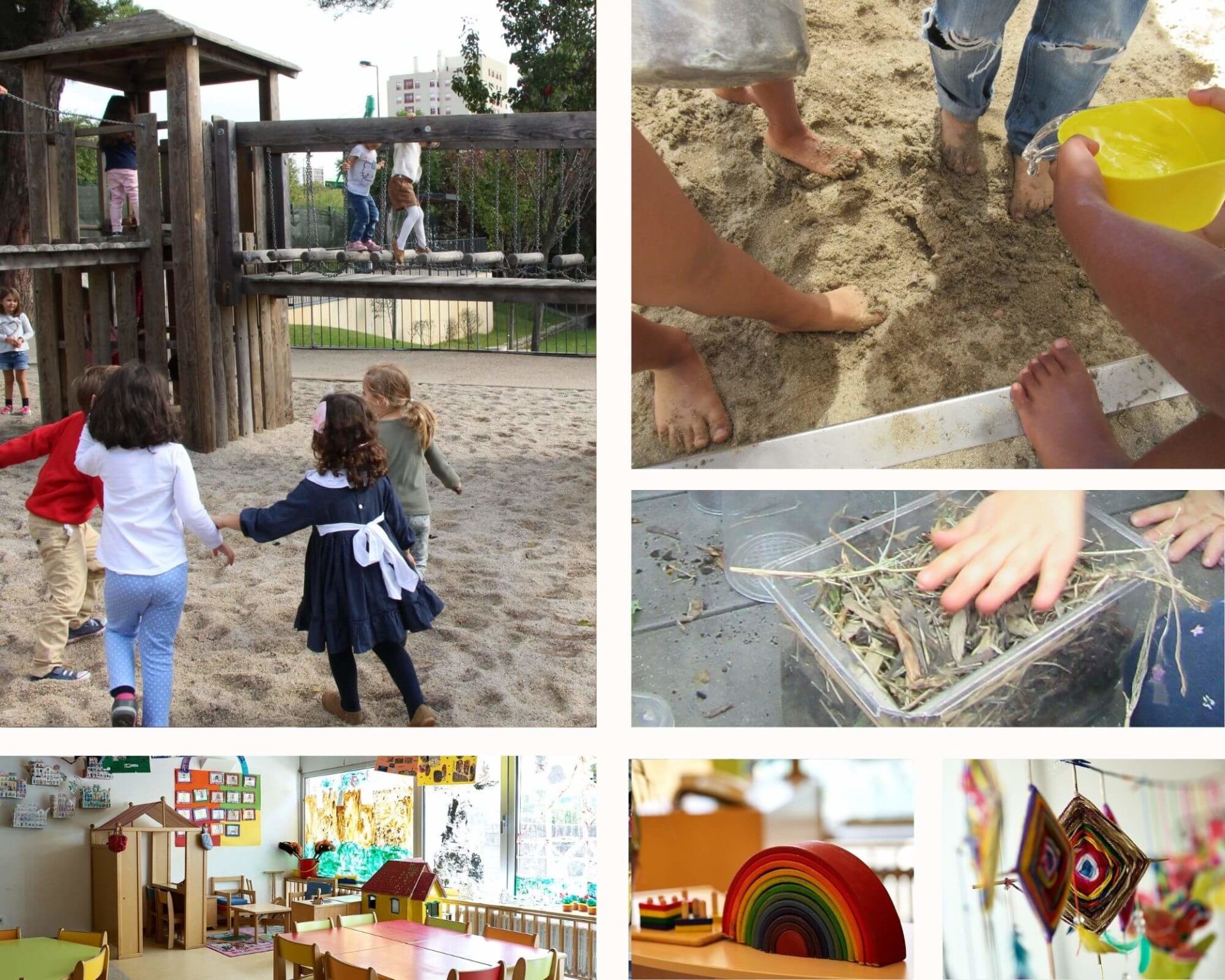 Preschool children playing and learning in a variety of settings, including a playground, sandbox, classroom, and art area.