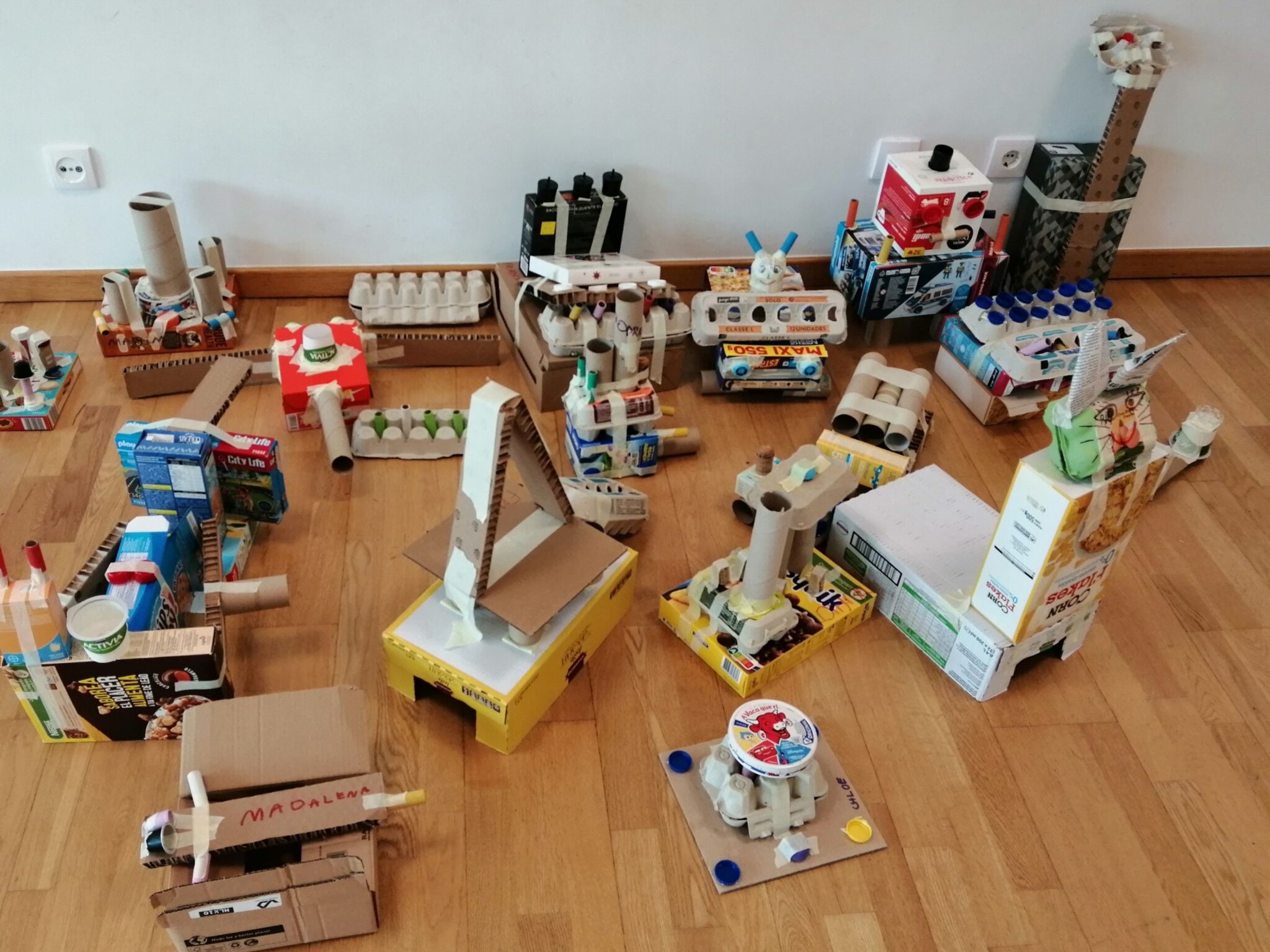 Recycled cardboard creations by preschool children