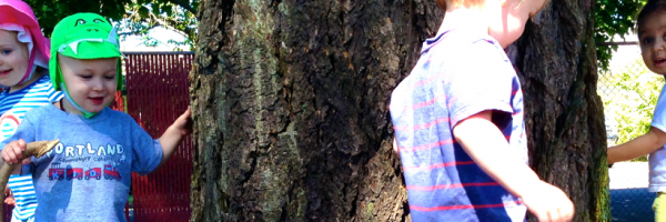 Preschool children playing outdoors near a tree